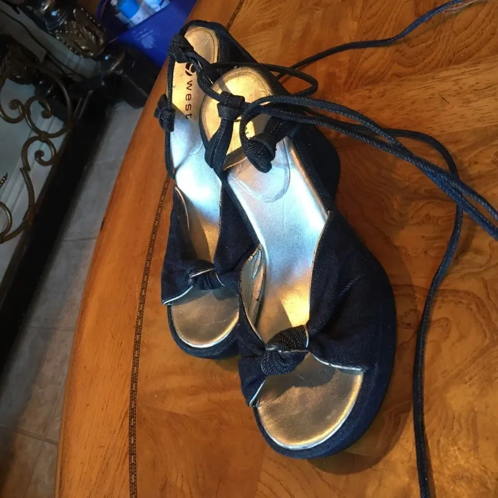 OO 9 West Denim Ankle Tie Wedges!